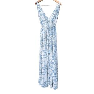 Aakaa Floral Maxi Dress Womens Medium Blue White V-Neck Tassel Slit Summer Event